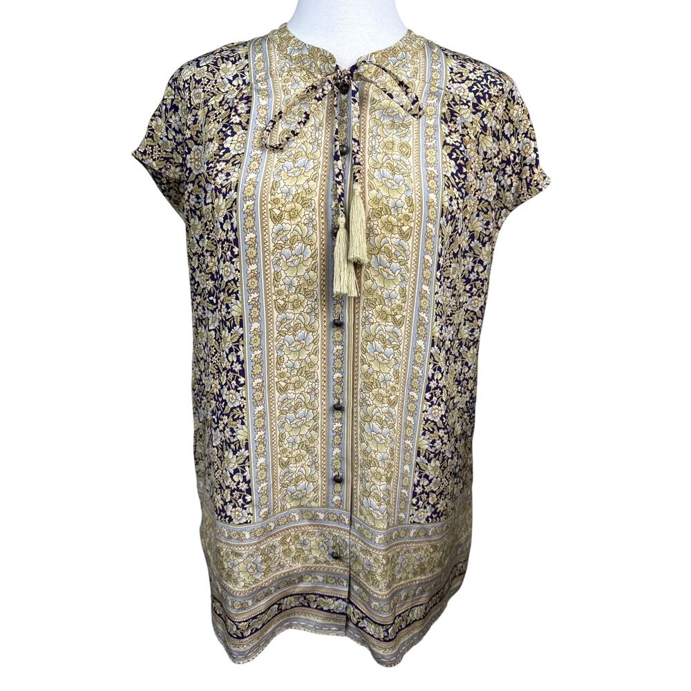 Lucky Brand 100% Silk Tassel Tie Floral Boho Blouse NWT Size Small Beige Top - Picture 2 of 10